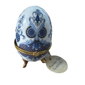Porcelain Egg Trinket Box with Blue and Gold Design